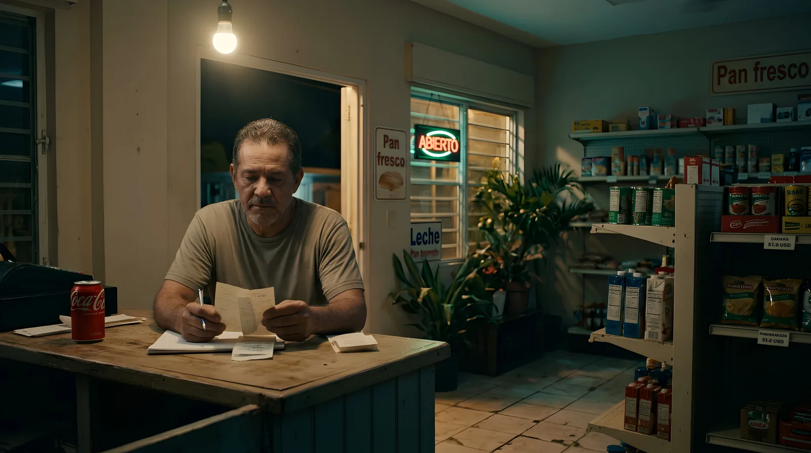 A bar owner reviewing receipts at the counter at night with a neon open sign glowing through the window