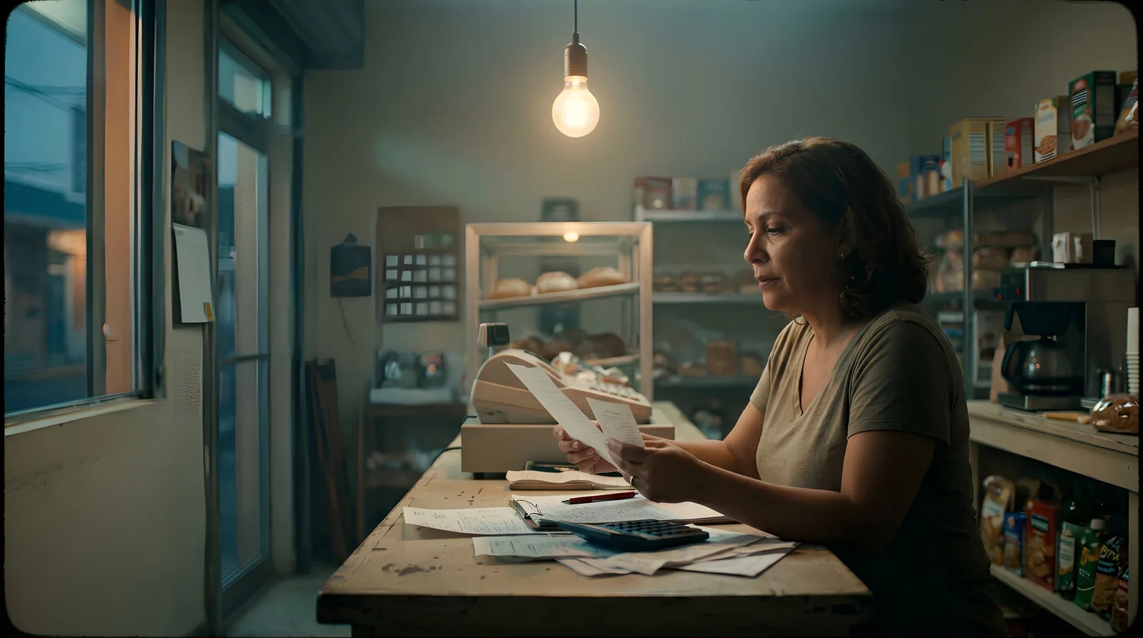 A cafe owner reviewing paperwork at the counter under a warm overhead bulb at the end of the evening