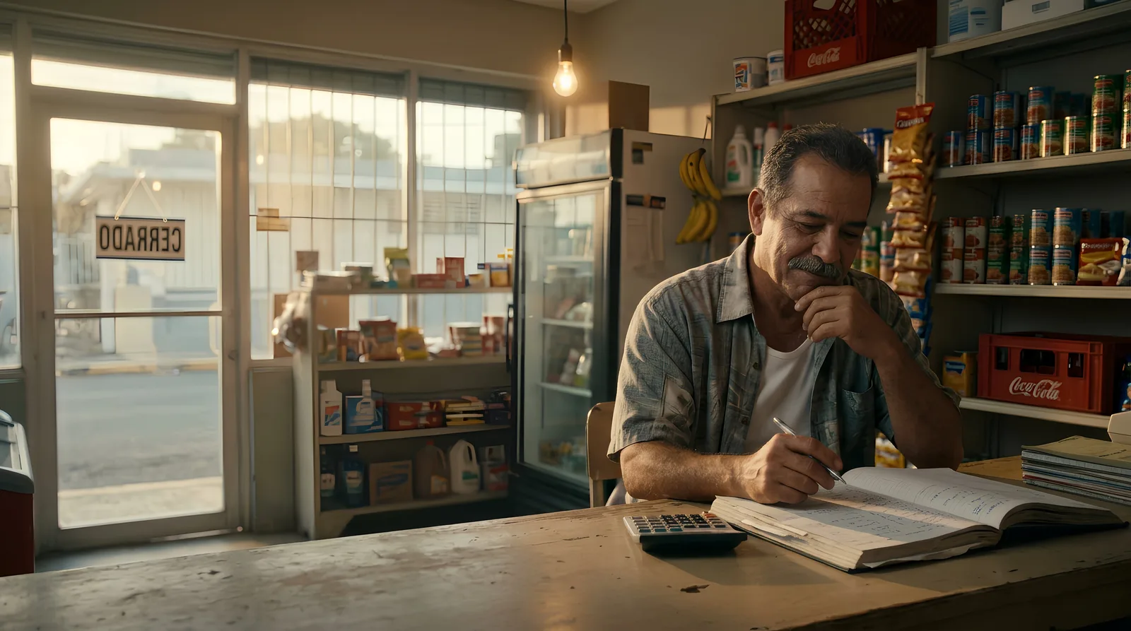 A colmado owner reviewing numbers in a ledger at closing time surrounded by stocked shelves and golden evening light