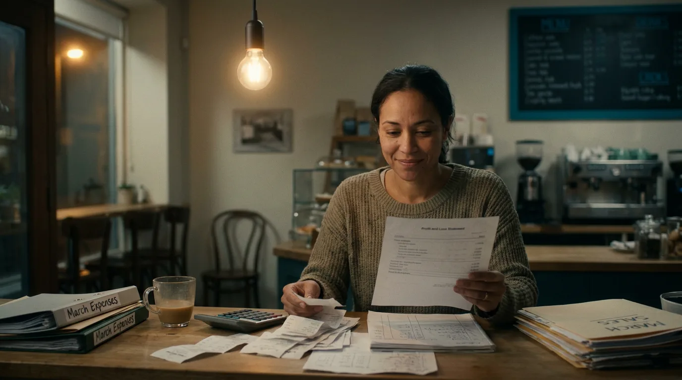 A restaurant owner reviewing papers at a counter with a chalkboard menu in the background after close