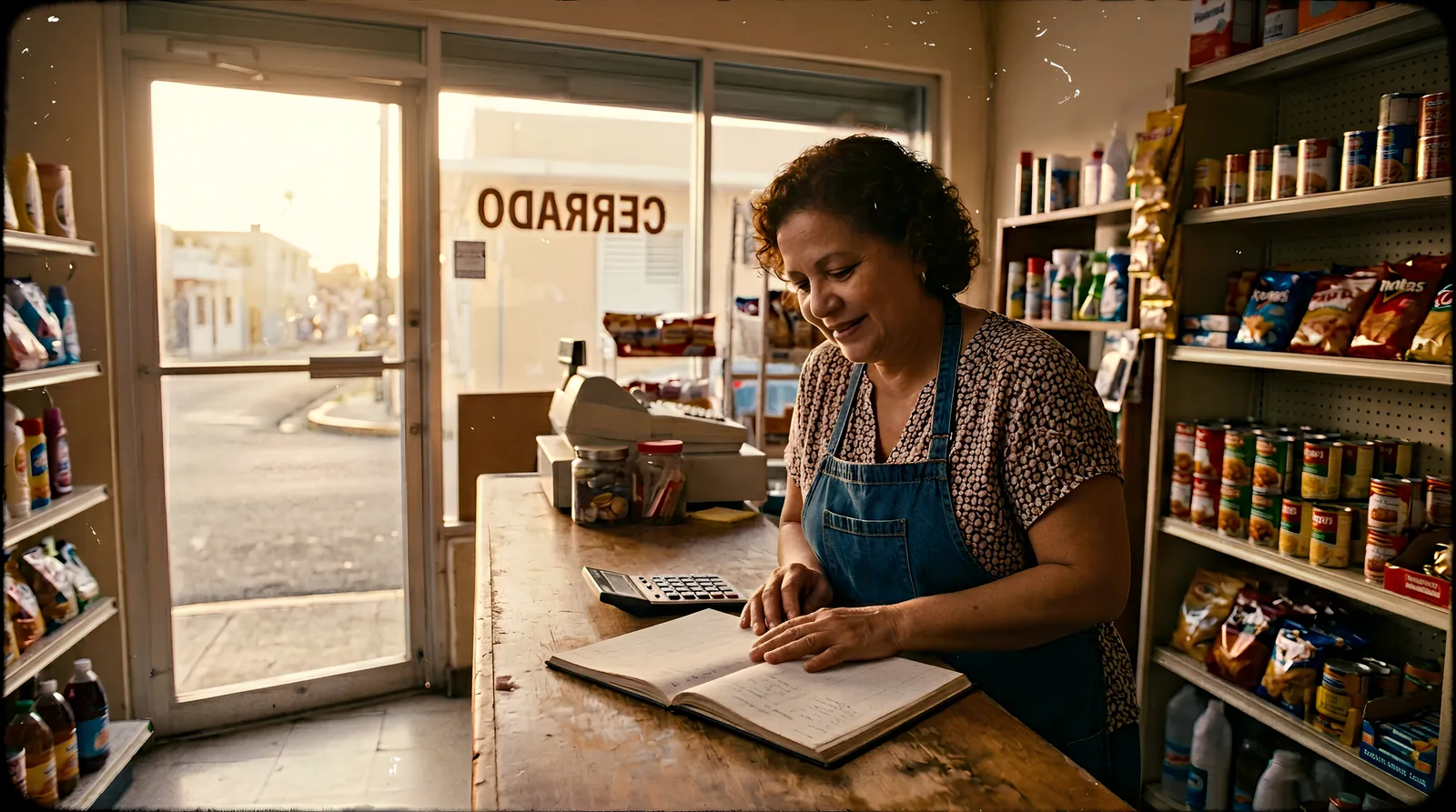 A bodega owner working through her ledger at the counter at golden hour with a closed sign on the door